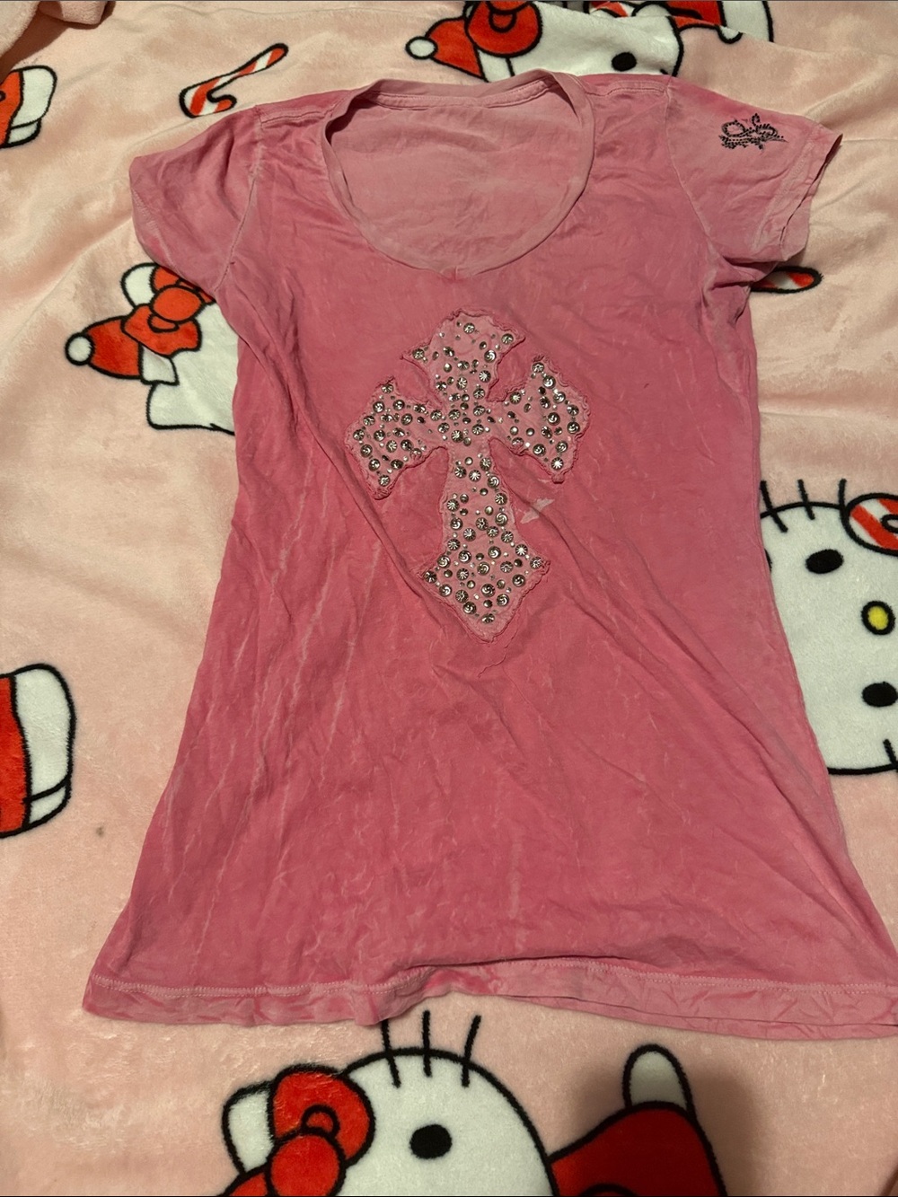 Affliction Pink Crystal Cross Short Sleeve Tee